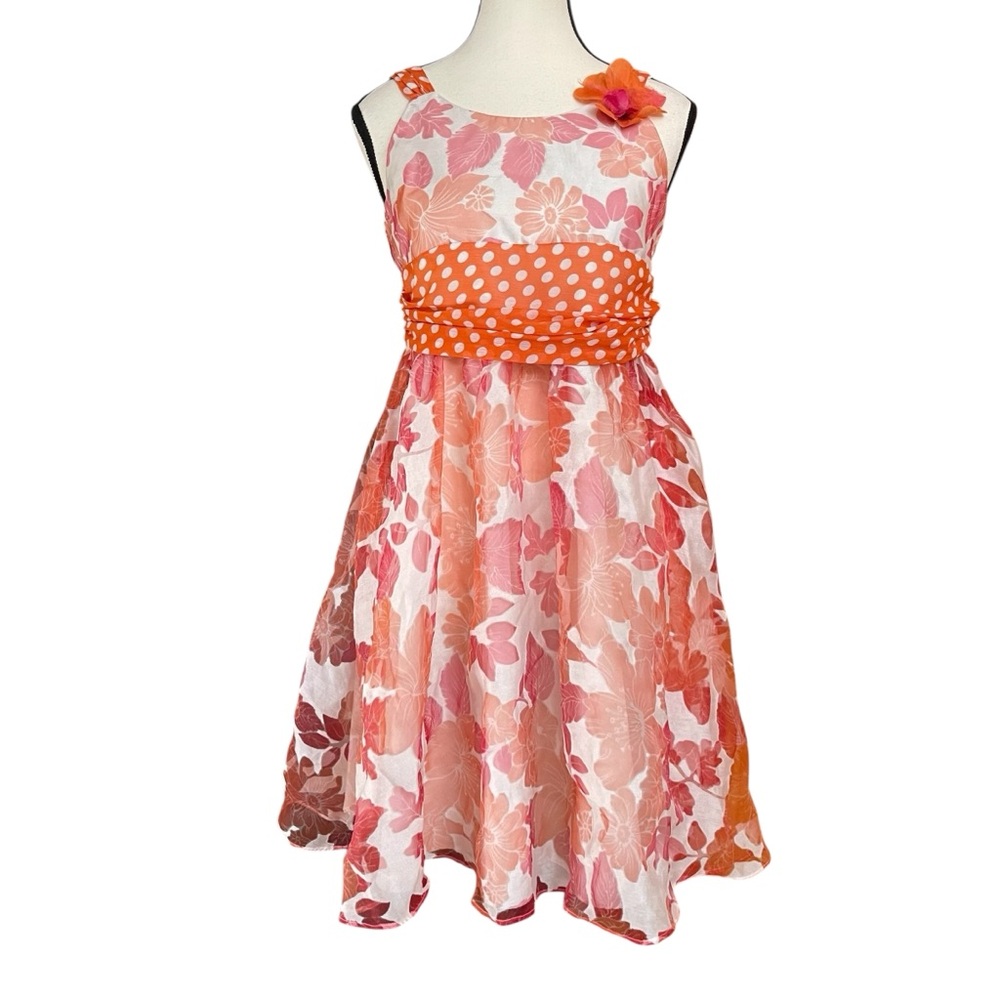 Bonnie Jean‎ Sheer Pink Orange Floral Polkadot Sache Lined Sundress